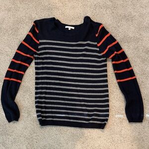 Striped Navy and Gray Sweater with Orange Accents